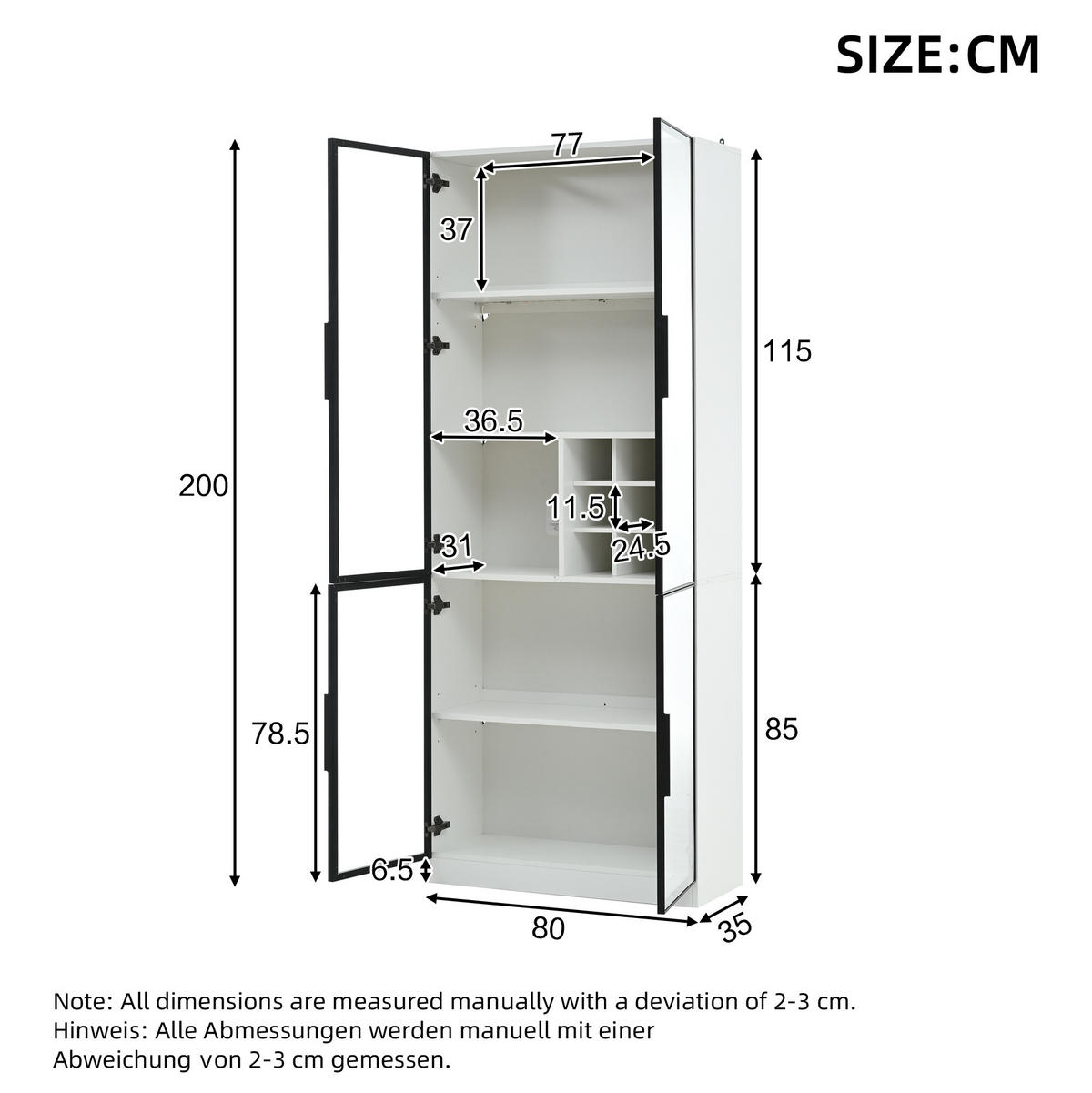 VITRINE 80/35/200 cm aus Spanplatte mit Glastüren, Weinfach und LED-Beleuchtung Weiß - Weiß, Holzwerkstoff (80/200/35cm) - Modenvie