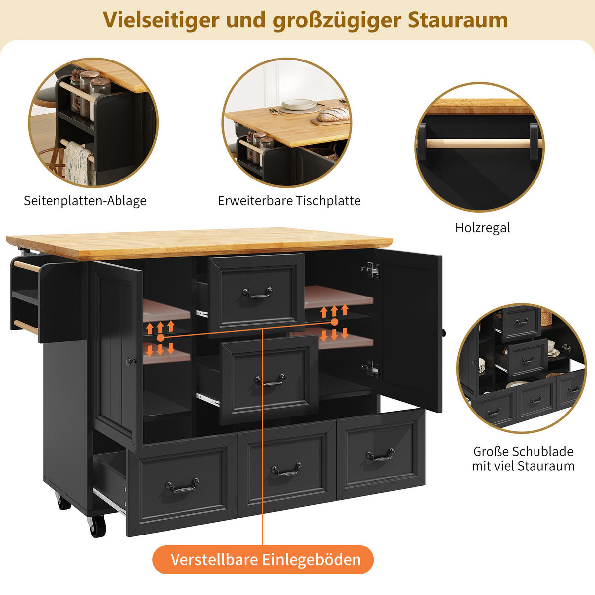 KÜCHENINSEL 120x73(45)x93cm Rollen 2 Türen 5 Schubladen Weiß/Schwarz - Schwarz, Metall (120/93/45cm) - FLIEKS