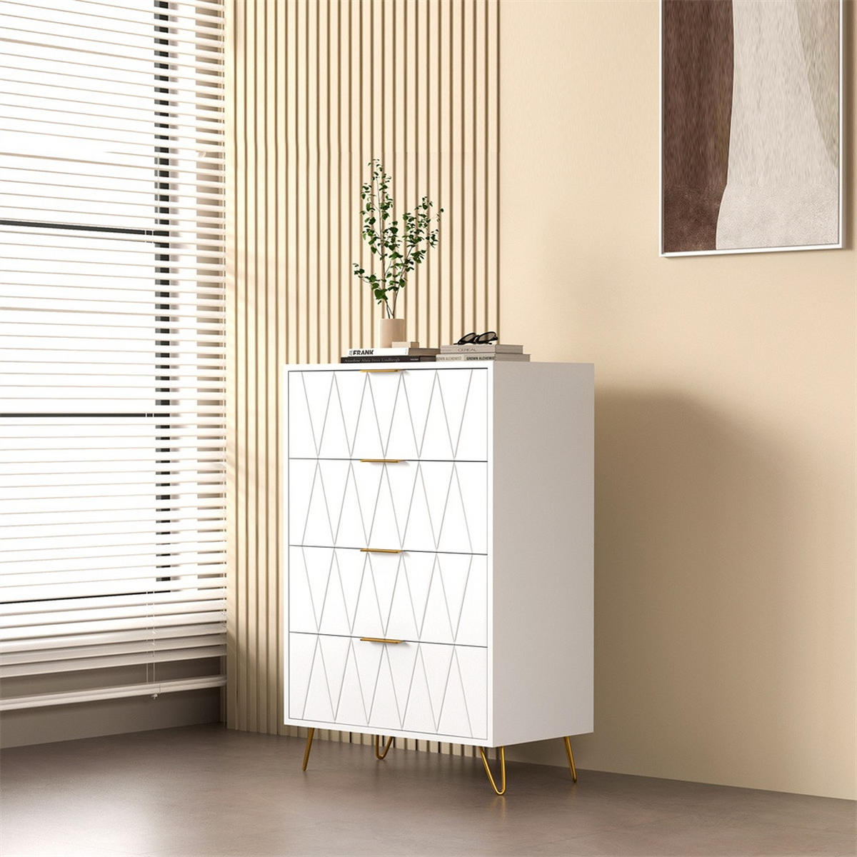 KOMMODE mit 4 Schubladen - Rautenmuster-Design und goldene Metallbeine - für Wohnzimmer und Schlafzimmer - Weiß - Weiß, Holzwerkstoff (60/90/34cm) - DELFA