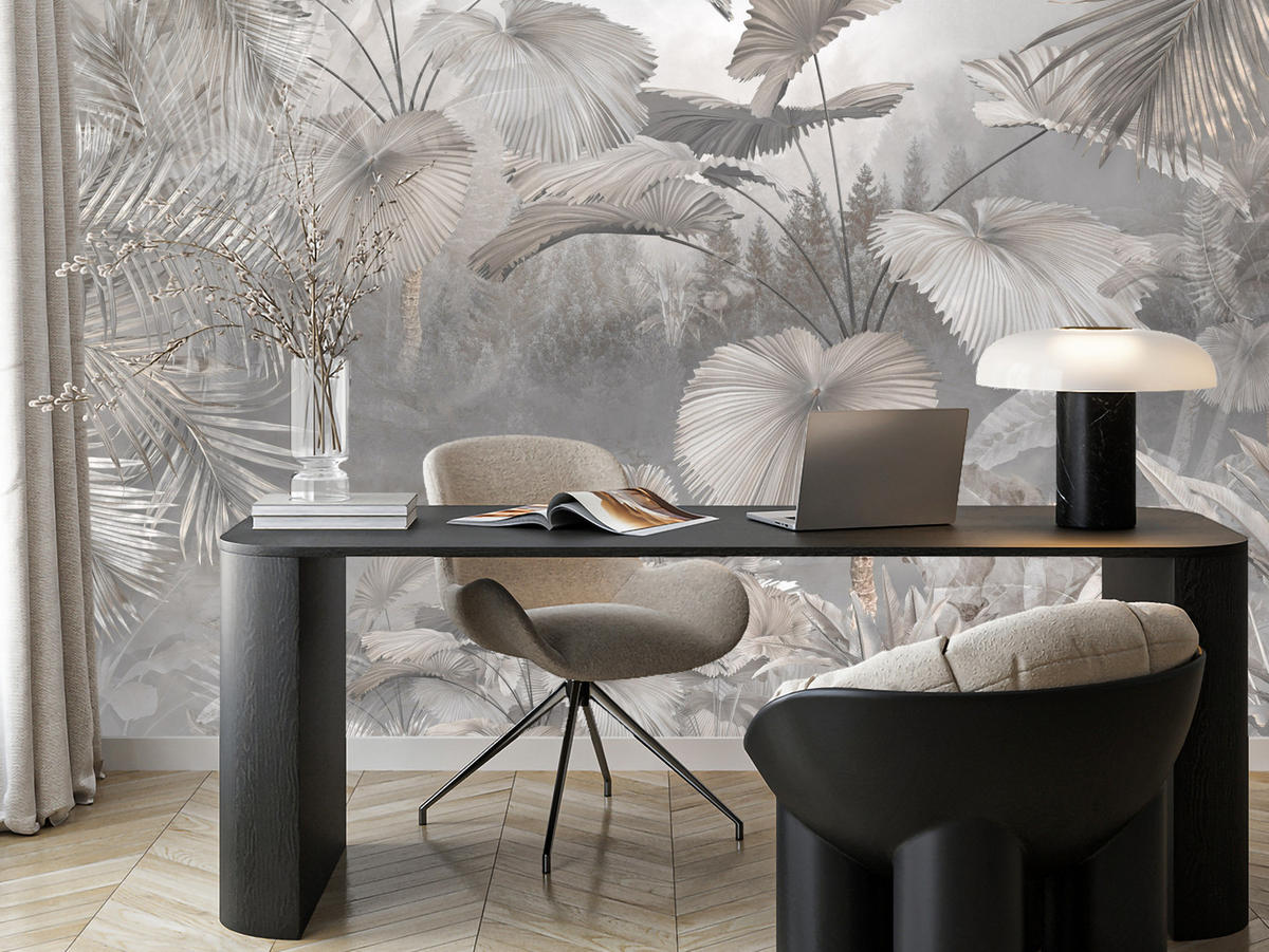 FOTOTAPETE für Wohnzimmer Tropische Blätter Dschungel Palmen Grau 300x210 - Beige/Grau, Papier (300/210cm) - Muralo