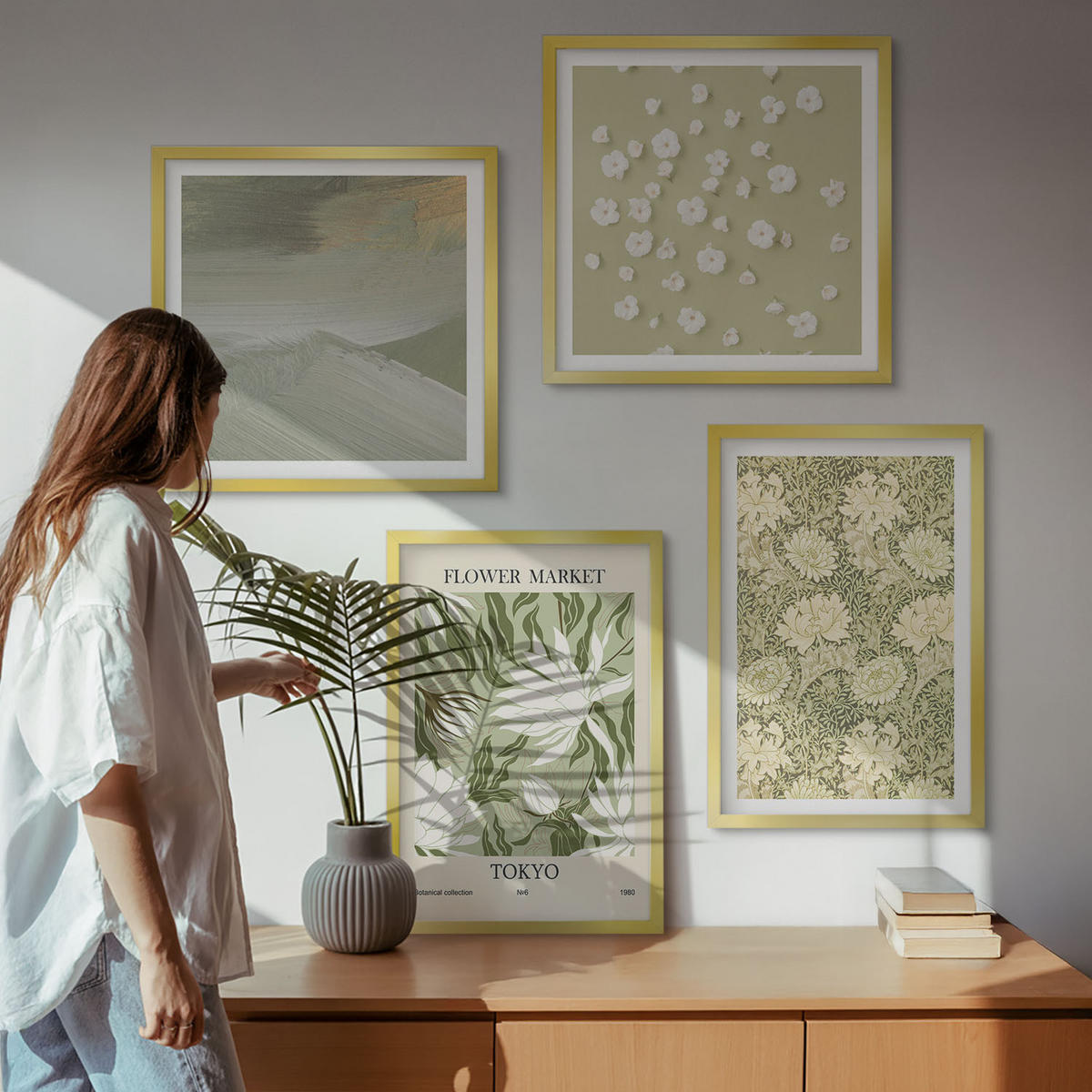 BILDER SET 4er Set - 50x50 cm & 40x60 cm Goldrahmen - Florale Abstraktionen im Boho-Stil - Goldfarben, Kunststoff (50/50cm) - TULUP