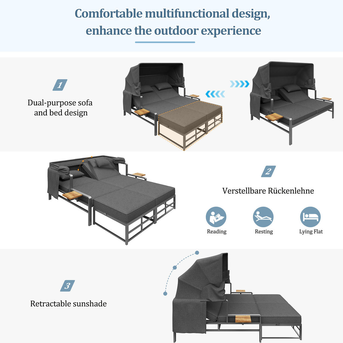 SONNENLIEGE 2-4 Personen Mit Faltbarem Sonnendach - Dunkelgrau, Metall (130/127/178cm) - FLIEKS