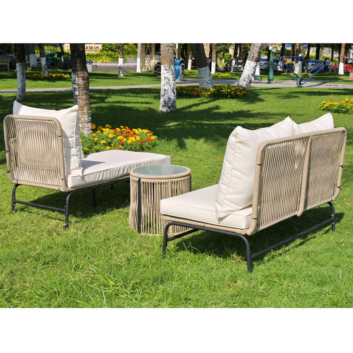 GARTENLOUNGE-SET BEIGE L-förmig mit Seilgeflecht und Tisch - Beige, Textil - BLACKCUP