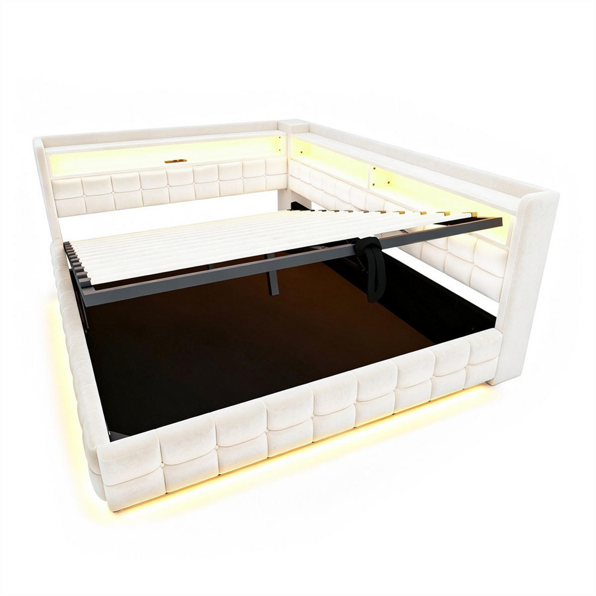 POLSTERBETT 140x200 cm mit hydraulischem Stauraum und Regal - LED Beleuchtung - USB & Typ-C - Beige - ohne Matratze - Beige, Textil (140/200cm) - DELFA