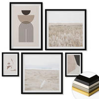 WANDBILDER 5er-Set - 50x50 cm & 20x30 cm & 40x60 cm Schwarzer Rahmen - Abstrakte weiß-braune Muster - Schwarz, Kunststoff (40/60cm) - ArtPrintCave