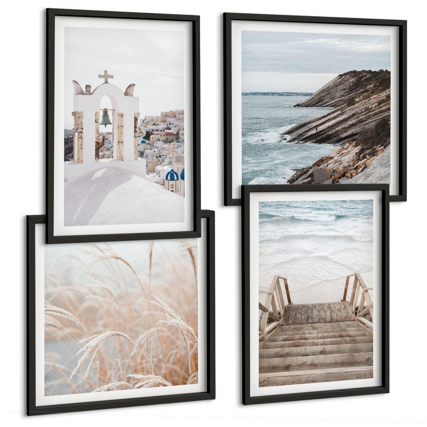 BILDER SET 4er Set - 50x50 cm & 40x60 cm Schwarzer Rahmen - Meeresarchitektur Santorin - Schwarz, Kunststoff (50/50cm) - TULUP