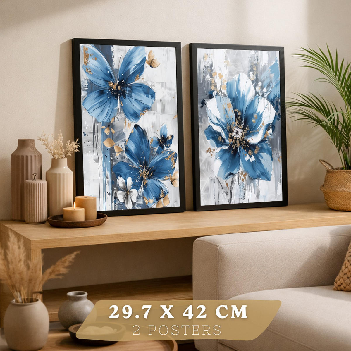 PLAKAT Sada 2 Modrá příroda A3 Černý rám - černá, papír (29.7/1/42cm) - Nacnic