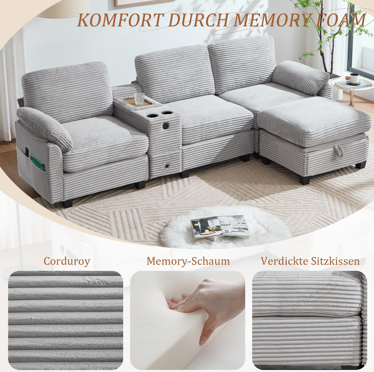 WOHNLANDSCHAFT Cord mit Stauraum und USB-Anschluss 266/136/82 cm Hellgrau - Hellgrau, Textil (136/82/266cm) - Redom