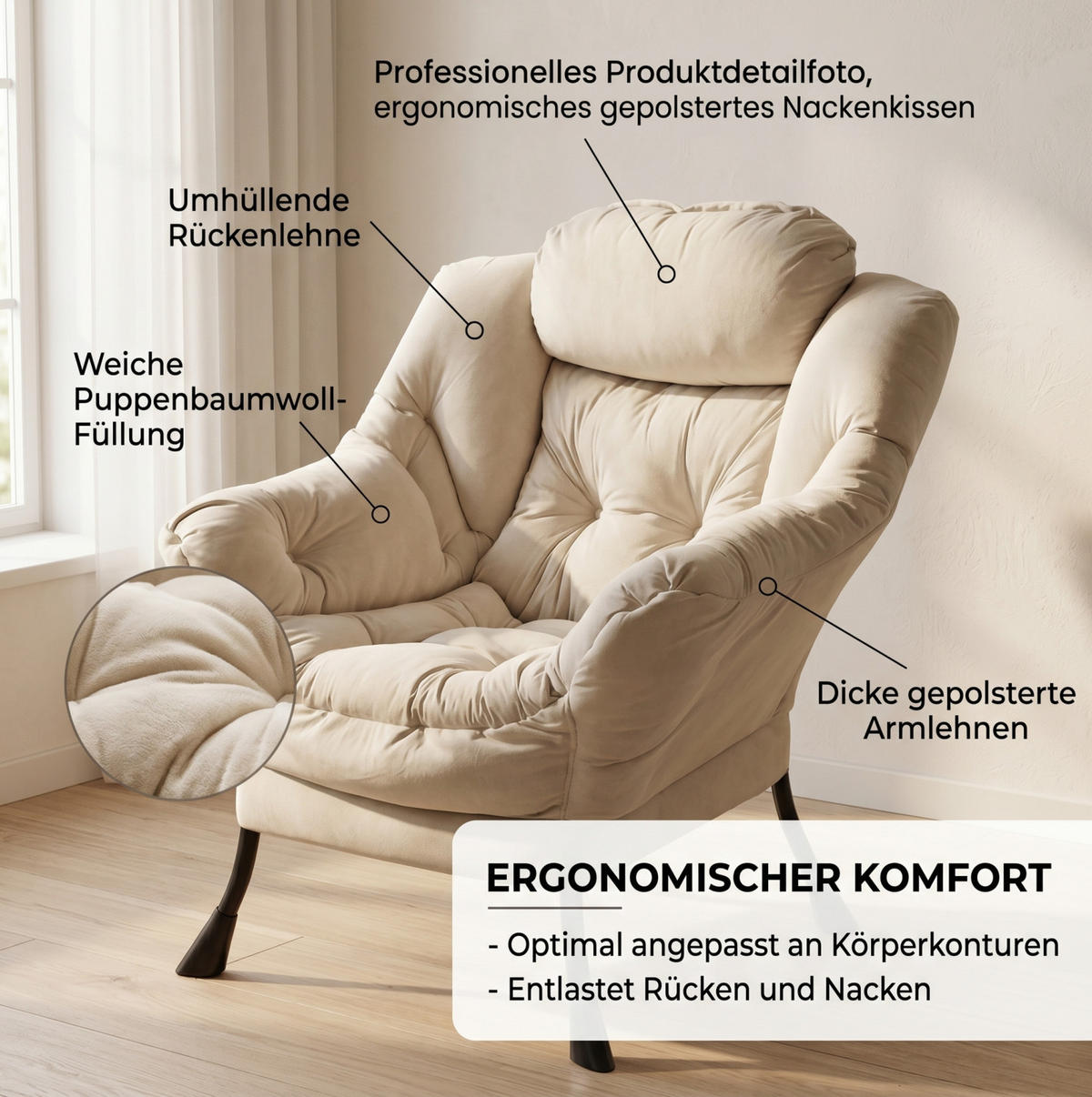 SESSEL mit Hocker in Beige mit Seitentasche und gepolsterten Armlehnen,72/80/93 cm - Beige, Metall (72/93/80cm) - BEAOK