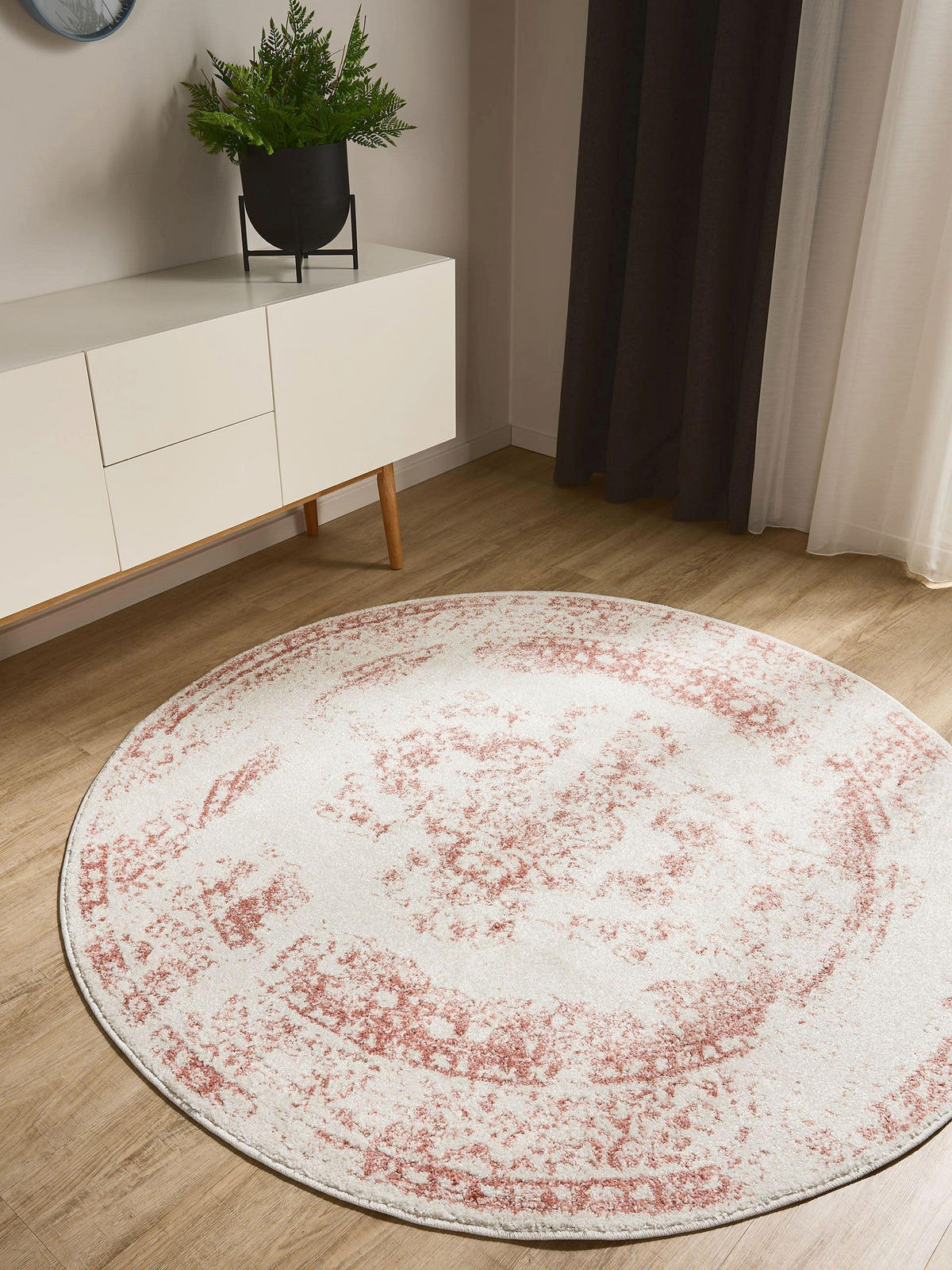 VINTAGE-TEPPICH Sia ø 120 cm rund - Creme/Rosa, Kunststoff (120/120cm) - benuta