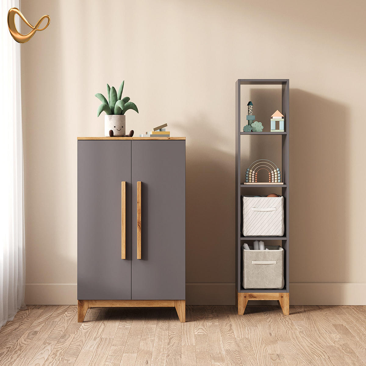 KINDERKLEIDERSCHRANK Mailo Grau/Artisan 70 x 120 cm XL mit 4 Schubladen - Eiche Artisan/Grau, Holzwerkstoff (70/120/53.4cm) - Livinity®