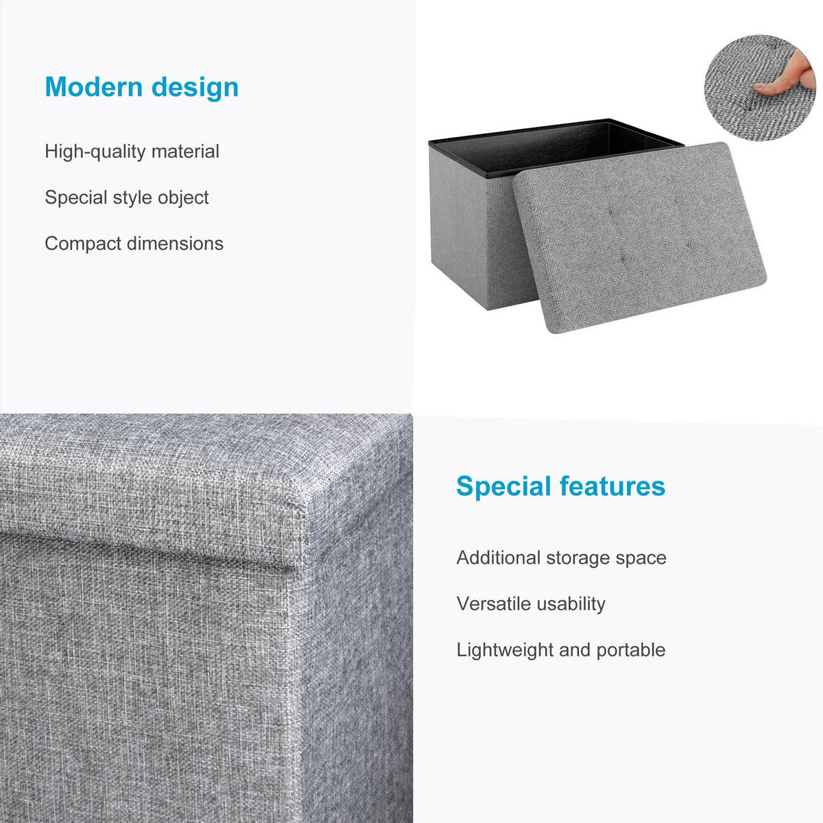 SITZBOX Faltbar mit Stauraum 49/30/30 cm (Grau) - Grau, Textil (30/30/49cm) - Intirilife