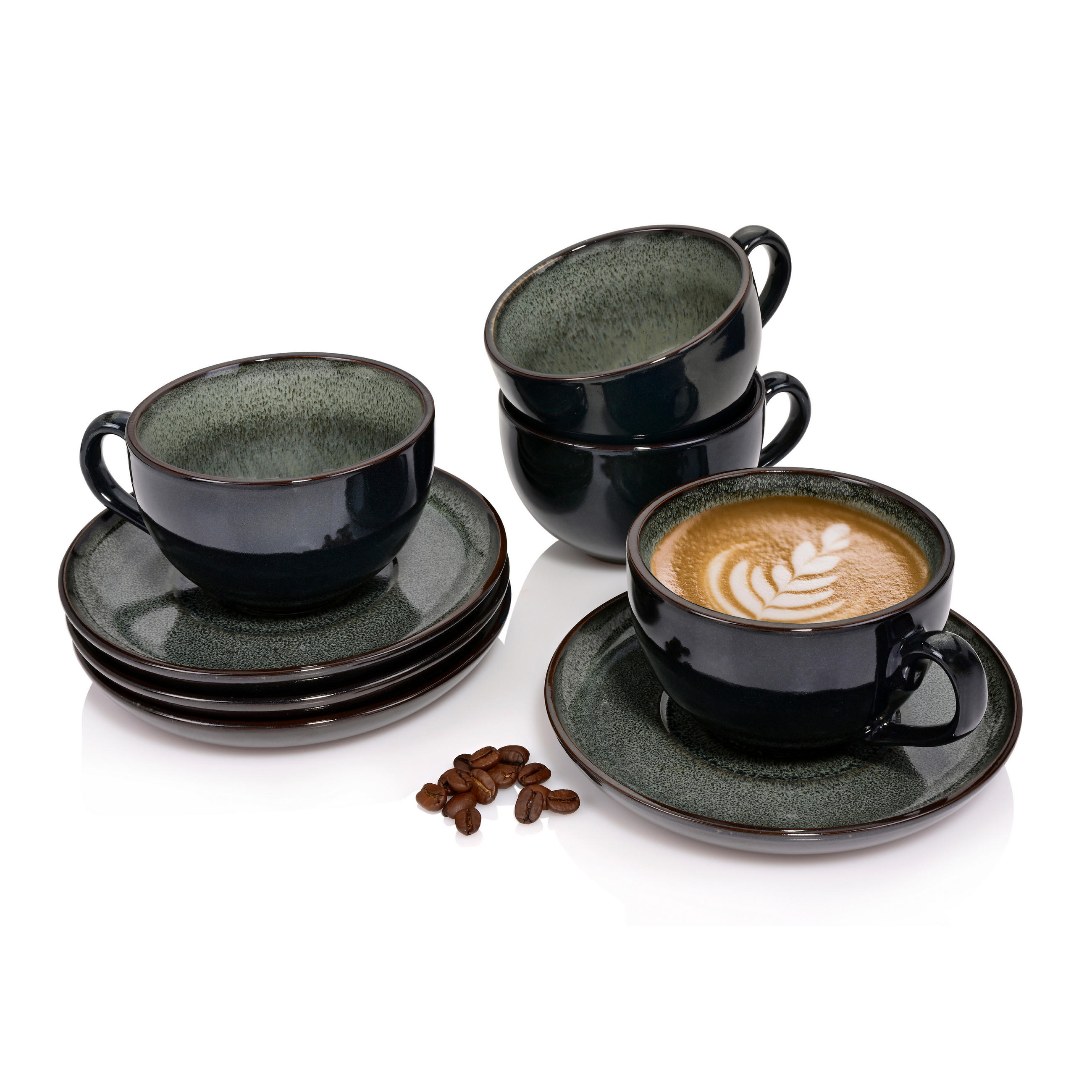 KAFFEETASSEN SET KOPENHAGEN - 8 teilig aus Steingut - Dunkelgrün, Keramik (27/39/20cm) - Sänger