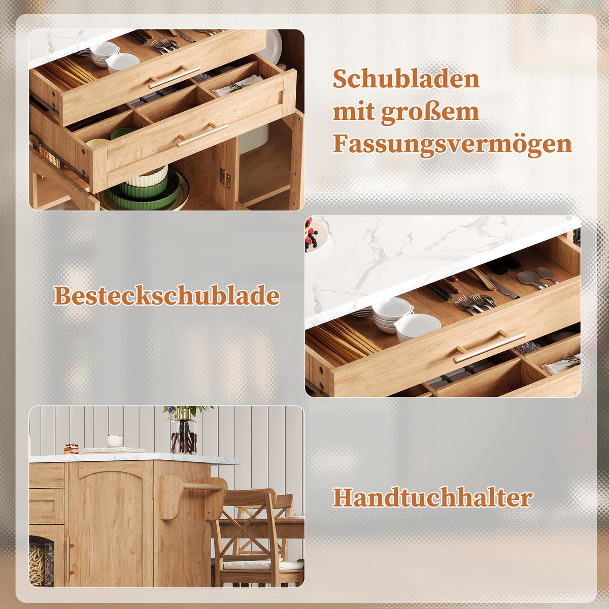 KÜCHENINSEL in Weiß und Naturfarbe Servierwagen mit Besteckschublade für Küchen und Wohnzimmer, B120/T45 (70)/H90 cm - Naturfarben, Holzwerkstoff (138/90/70cm) - STILVORA