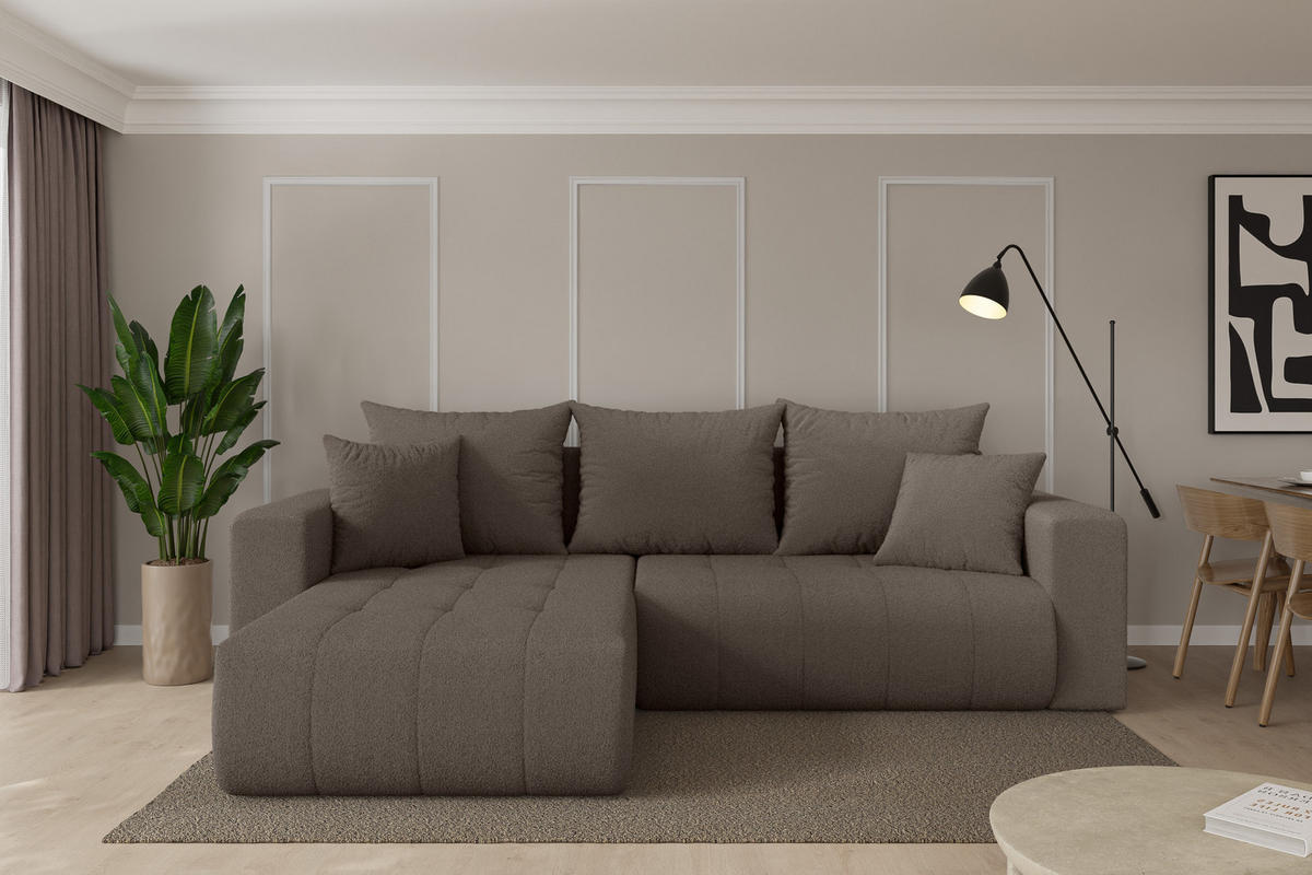 ROHOVÁ SEDAČKA s funkcí spaní, otoman vlevo MILA-L 277x194x86 hnědá bouclé - černá/hnědá, kompozitní dřevo/textil (277/194cm) - ALTDECOR