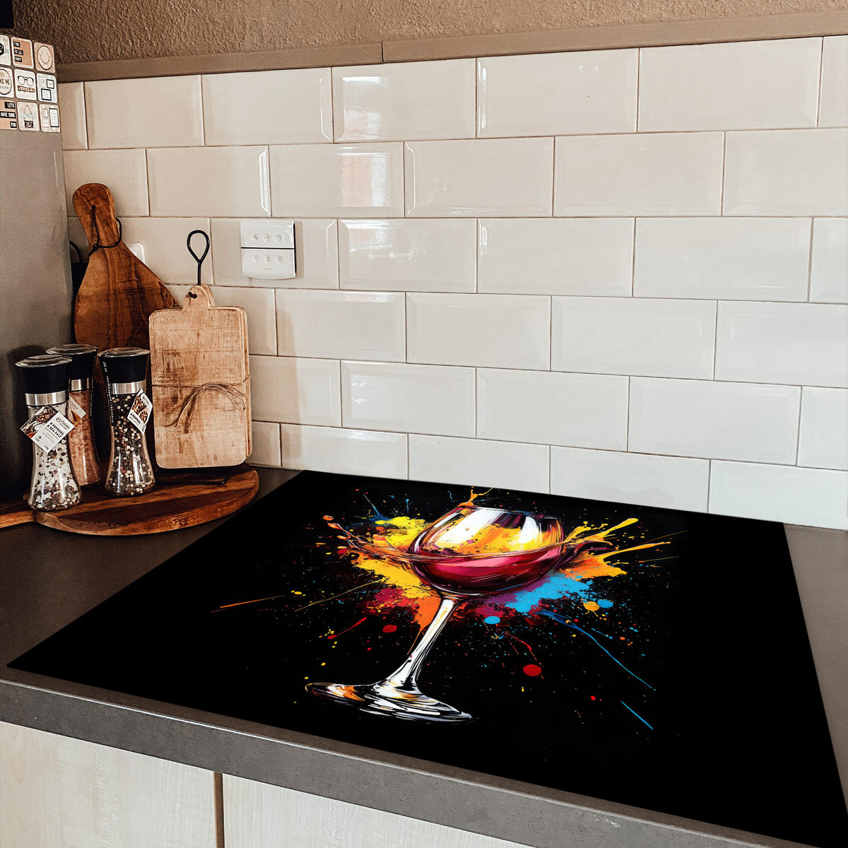 HERDABDECKPLATTE Wein - Glas - Graffiti - Getränk - Rot - Farbe 77x59 cm - Weinrot, Kunststoff (77/59/0.2cm) - MuchoWow