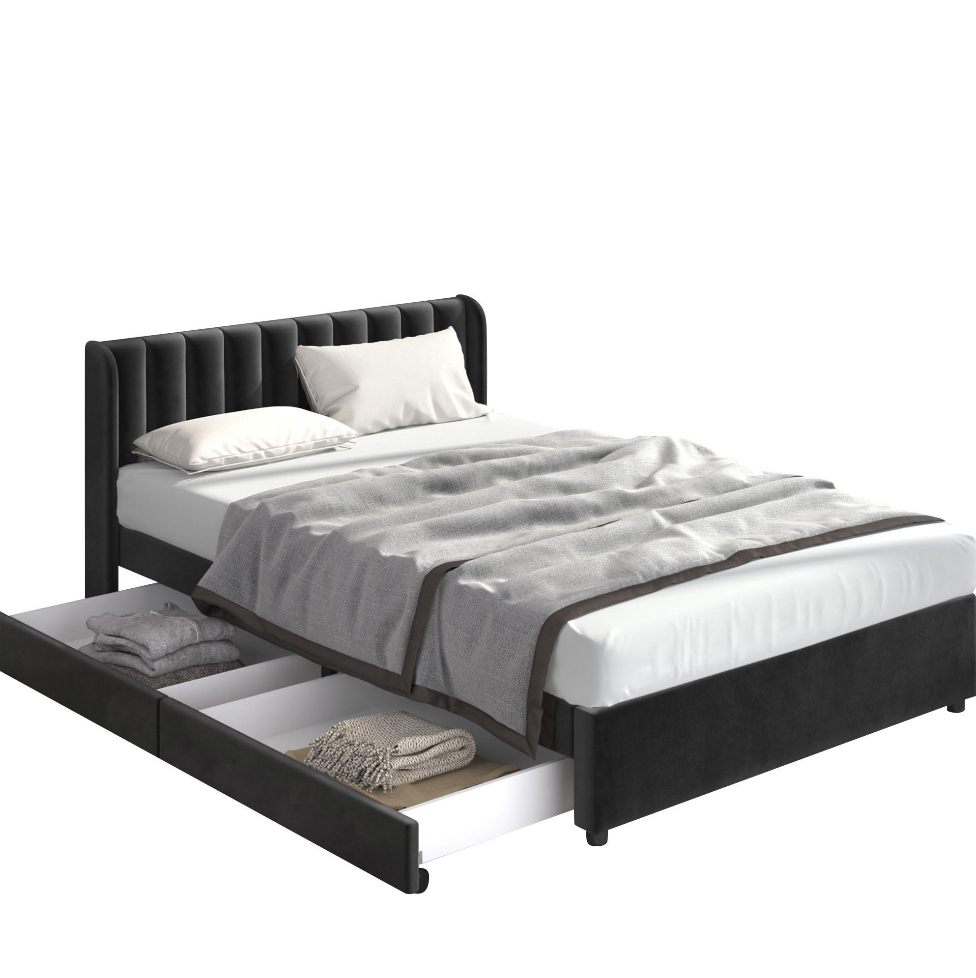 BETT mit 2 Schubladen 180x200 cm Samt Black - Schwarz, Holz (180/200cm) - Meubliv