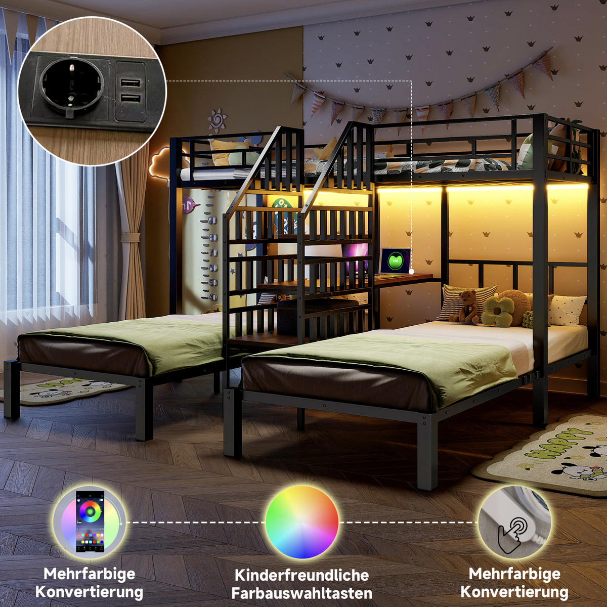 ETAGENBETT 90/200 cm mit LED, USB, Steckdose und Schreibtisch ohne Matratze - Schwarz, Metall (90/200cm) - MIVRAY