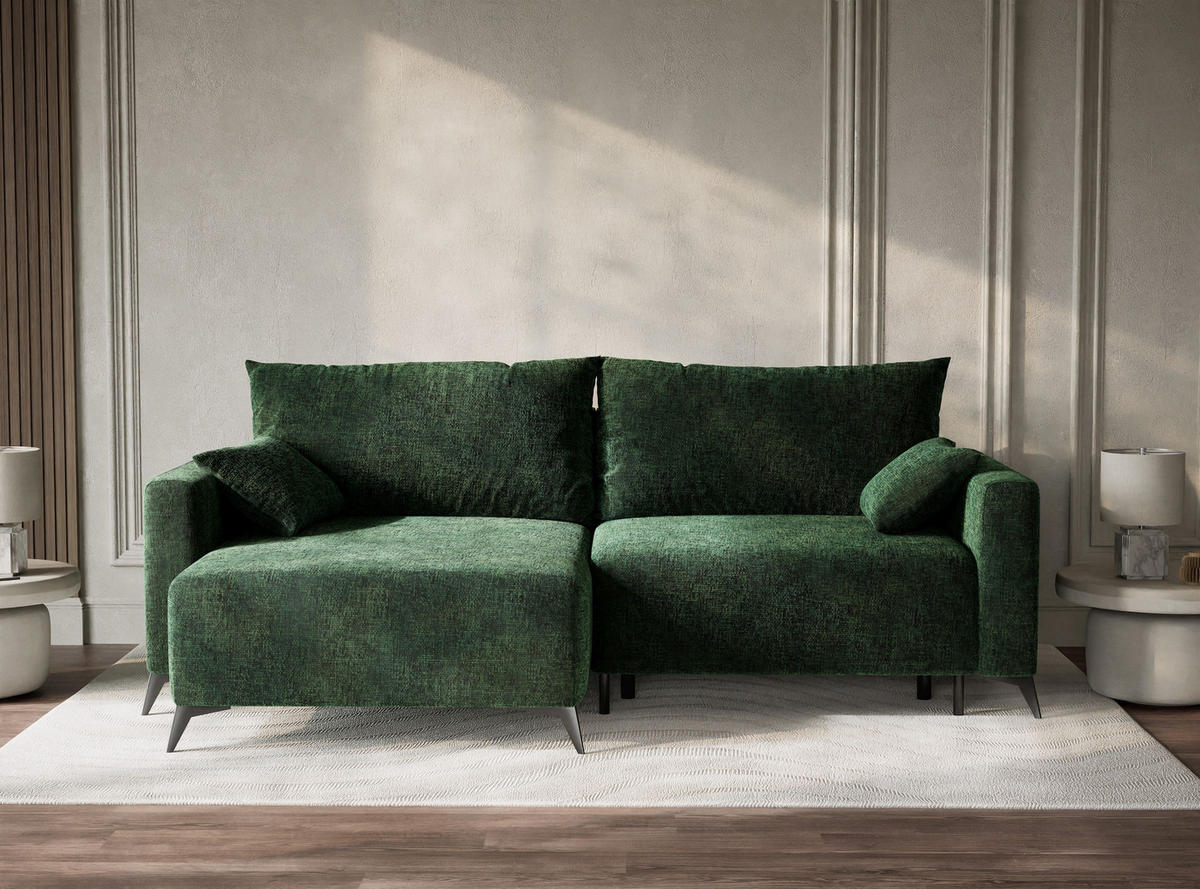 ECKSOFA MIT SCHLAFFUNKTION Leon Dunkelgrün Chenille-Stoff - Dunkelgrün/Schwarz, Holz/Holzwerkstoff (148/239cm) - Maison de Reve