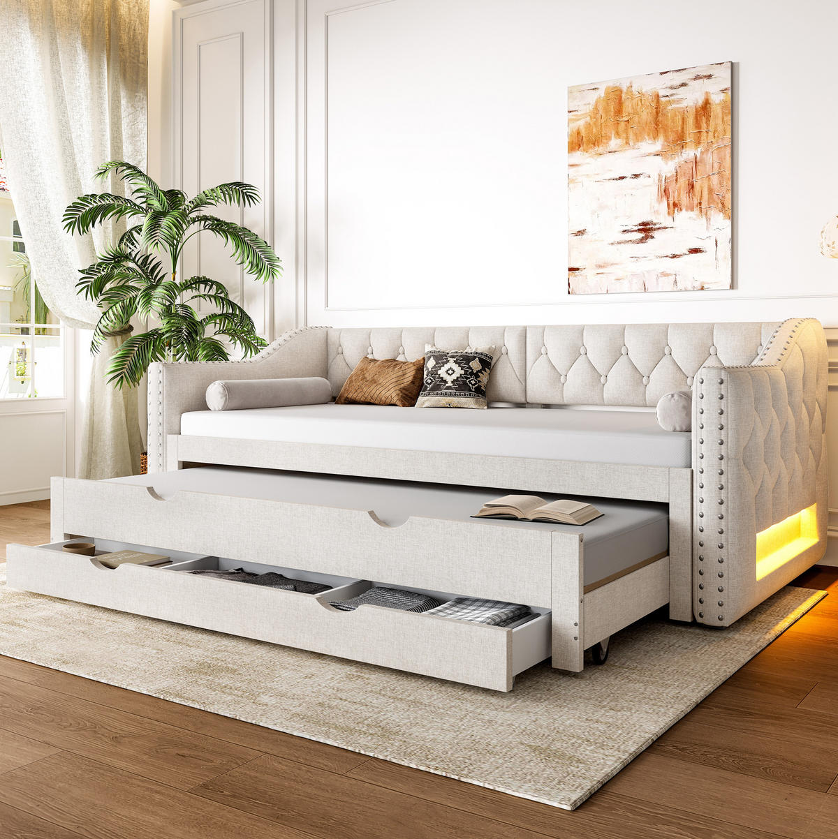 POLSTERBETT 90/200 cm aus MDF und Leinen mit LED Ausziehbett und 3 Schubladen Beige - Beige, Textil (90/200cm) - Modenvie