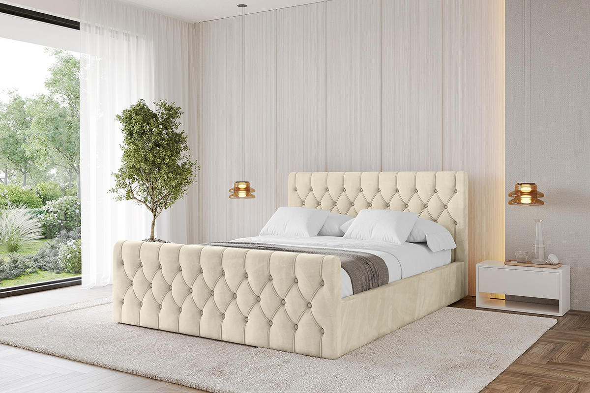 POLSTERBETT mit Bettkasten, Fußteil und Lattenrost, Boxbett ohne Matratze - RENO-Z 200x200 Beige - Ecru, Holzwerkstoff/Textil (200/200cm) - ALTDECOR