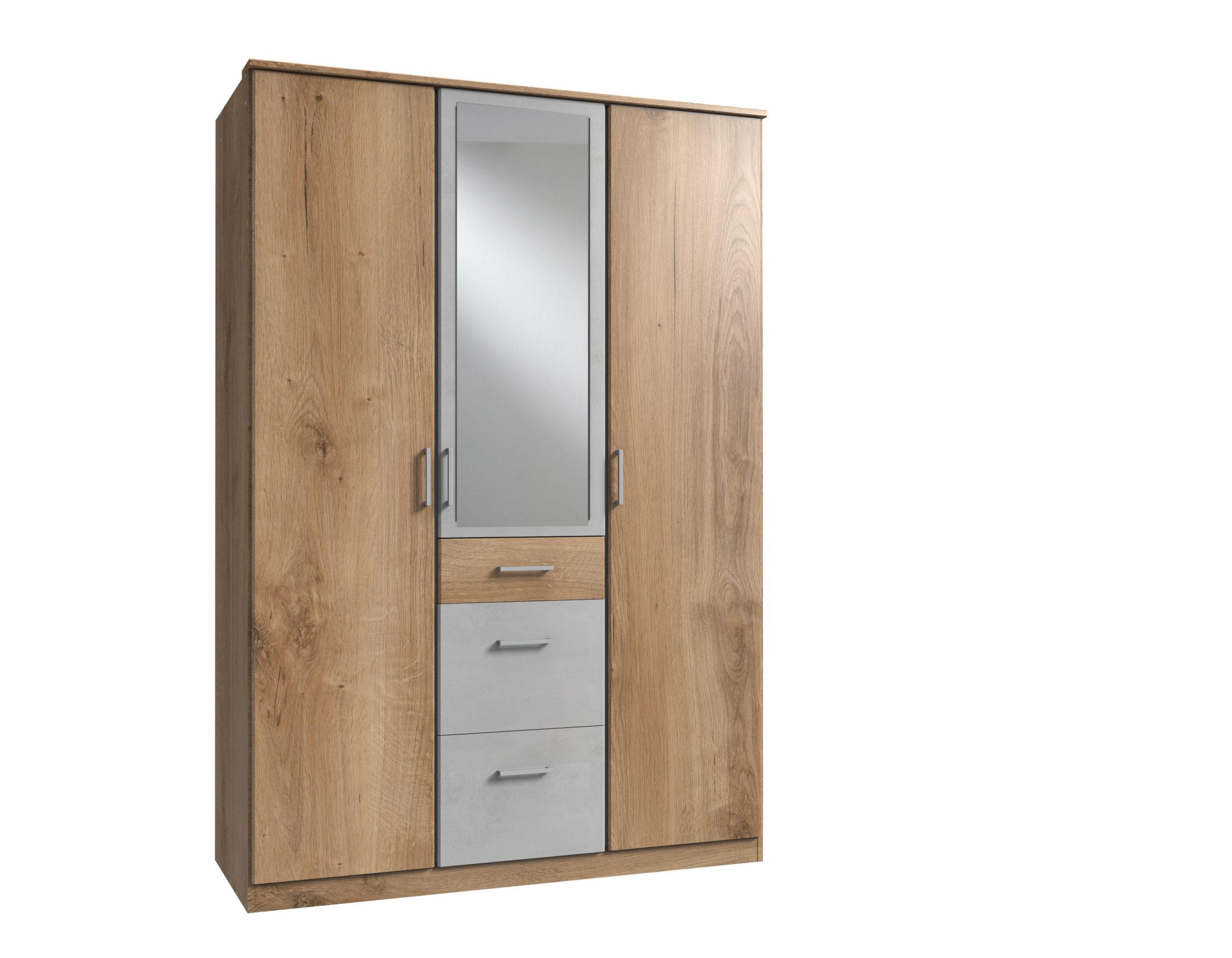 KLEIDERSCHRANK Click in Plankeneiche Beton Lichtgrau - Drehtürenschrank 135 cm Breite mit Spiegel - Braun, Holzwerkstoff (135/199/58cm)