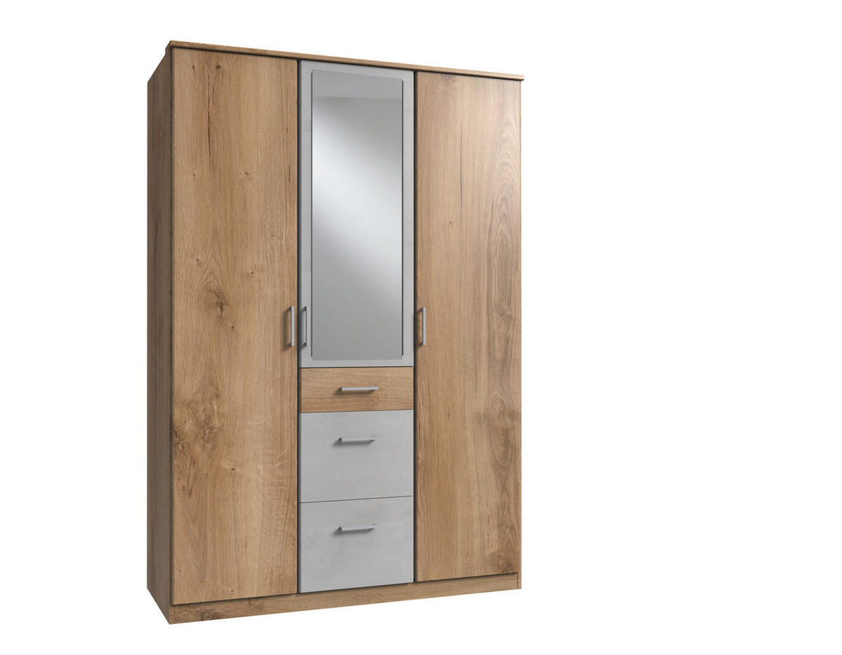 KLEIDERSCHRANK Click in Plankeneiche Beton Lichtgrau - Drehtürenschrank 135 cm Breite mit Spiegel - Braun, Holzwerkstoff (135/199/58cm)