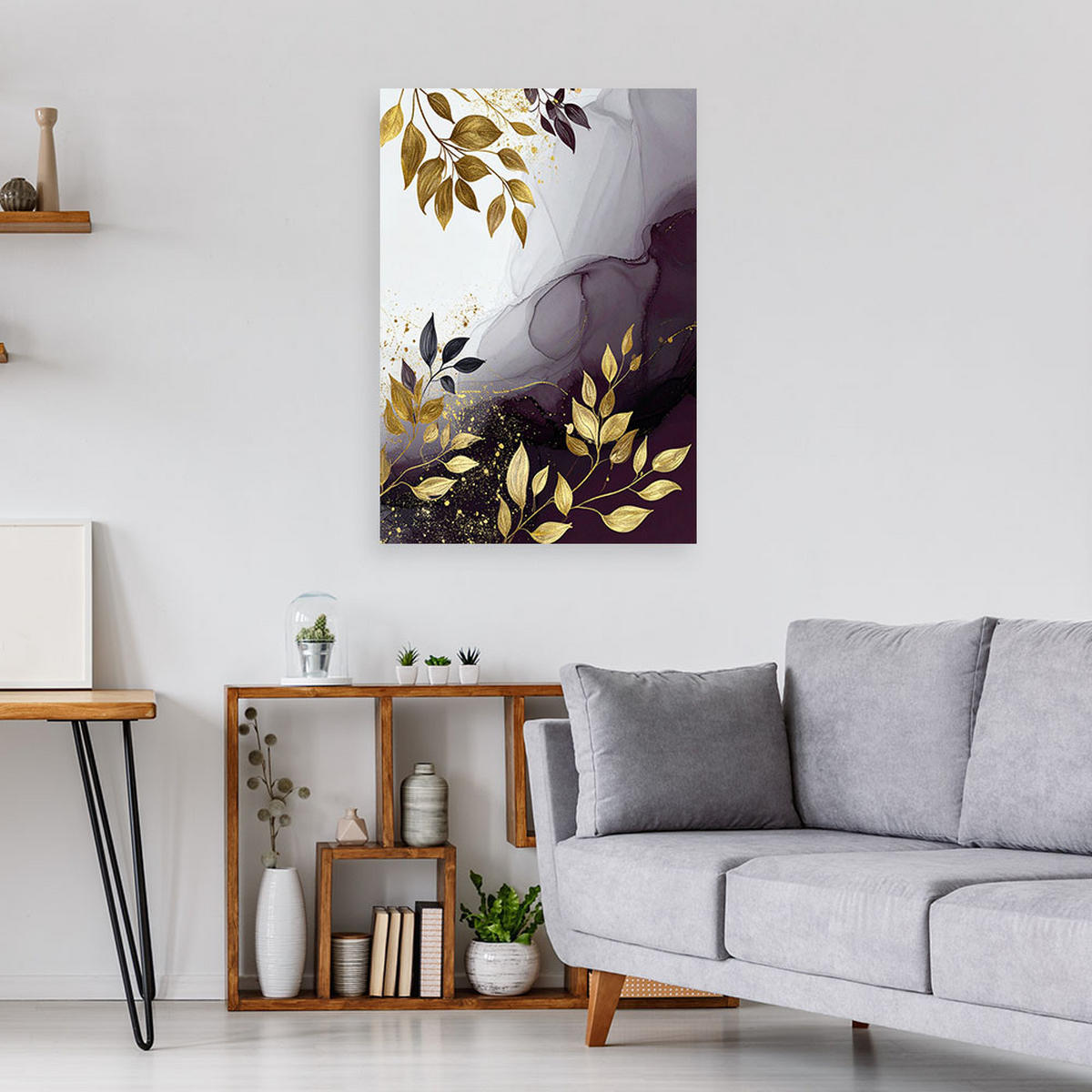 LEINWANDBILD, Abstraktion: Pflanzenblätter in Violett und Gold - Lila, Textil (80/120cm) - Feeby