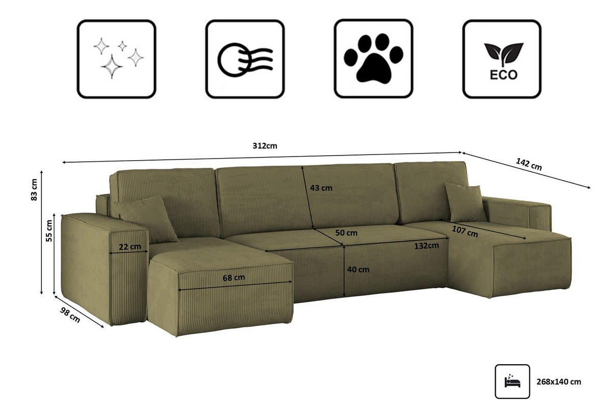 ECKSOFA Mit Schlaffunktion Und Bettkasten BEST Dicker Cord Poso Olive - Olivgrün, Holz/Textil (312/142cm) - Kaiser Möbel