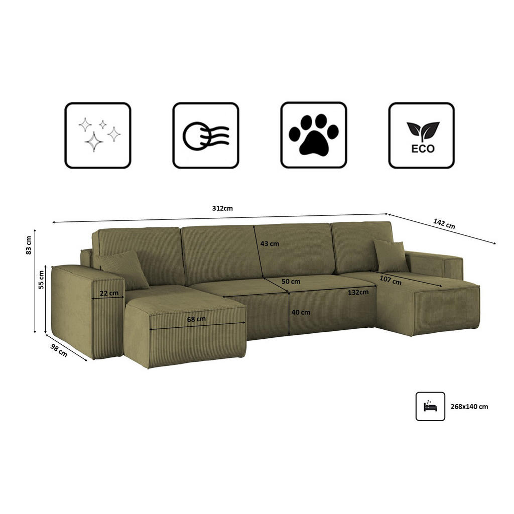 Thumbnail - Kaiser Möbel Ecksofa, Olivgrün, Textil, 5-Sitzer, U-Form, 312x142 cm, Wohnzimmer, Sofas & Couches, Wohnlandschaften, Eck...