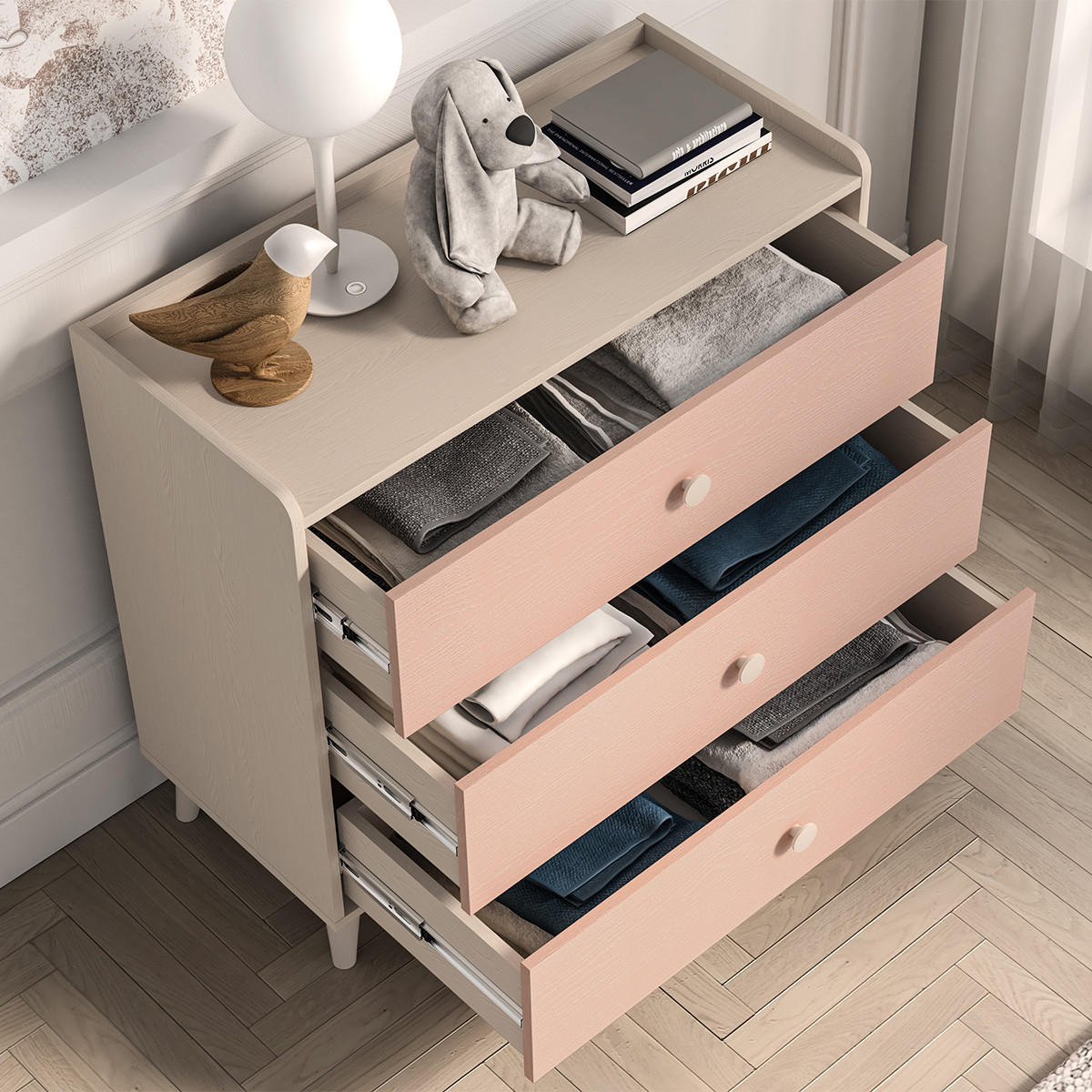 DĚTSKÁ KOMODA Alycia Béžová - Korálově růžová - Efekt dřeva - růžová, dřevo (90/85/40cm) - Petits-meubles