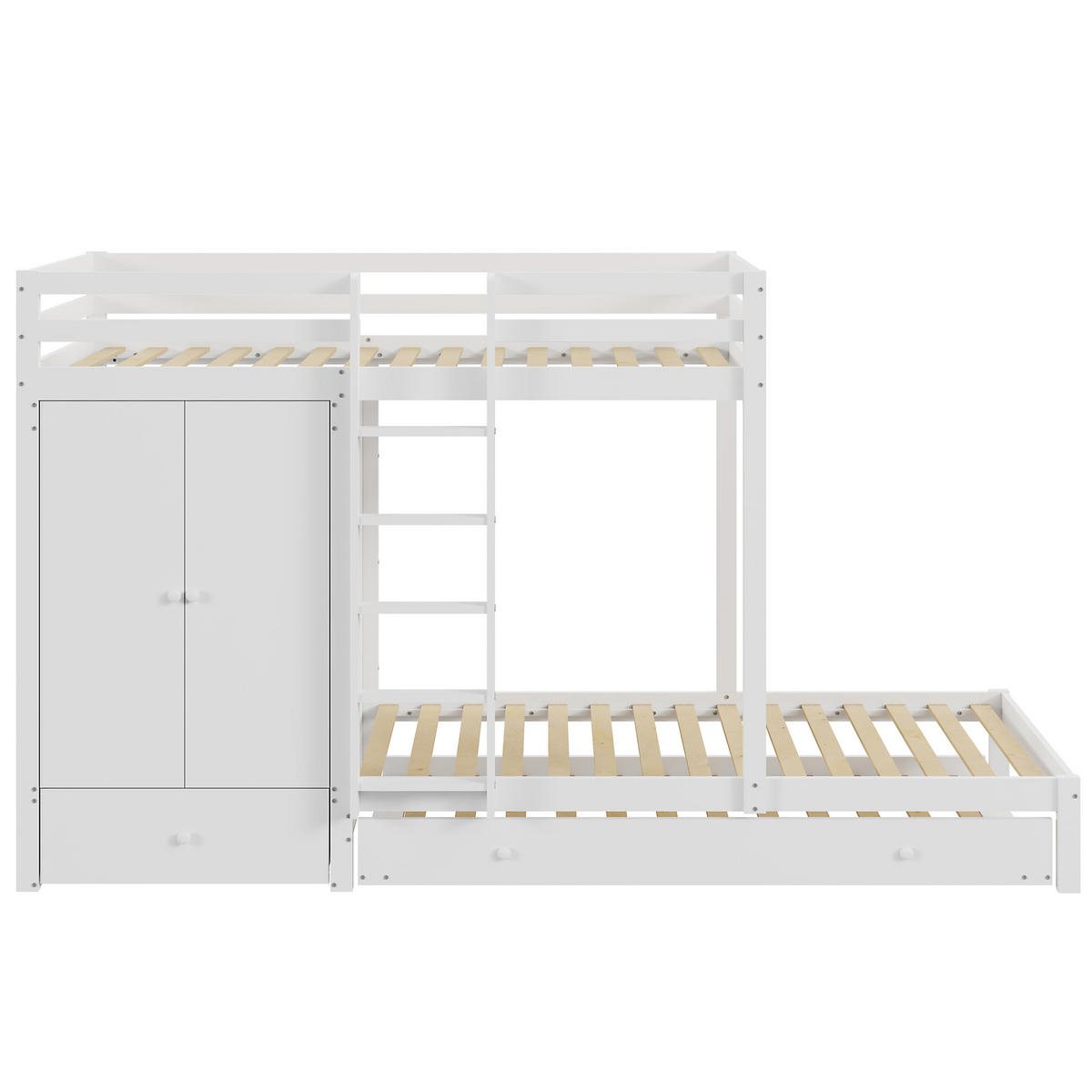 ETAGENBETT 90/200 cm aus Massivholz mit Ausziehbett und Kleiderschrank - Weiß, Holz (90/200cm) - OKWISH