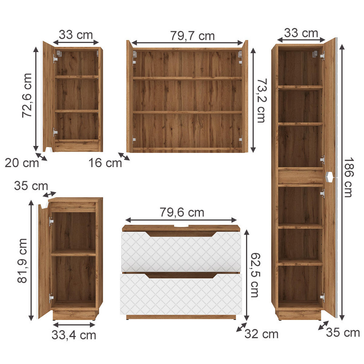 KOUPELNOVÝ NÁBYTEK Lotta Dub/bílá se strukturou dlaždic - bílá/barva dubu, kompozitní dřevo (79.6/62.1/32cm) - Vicco