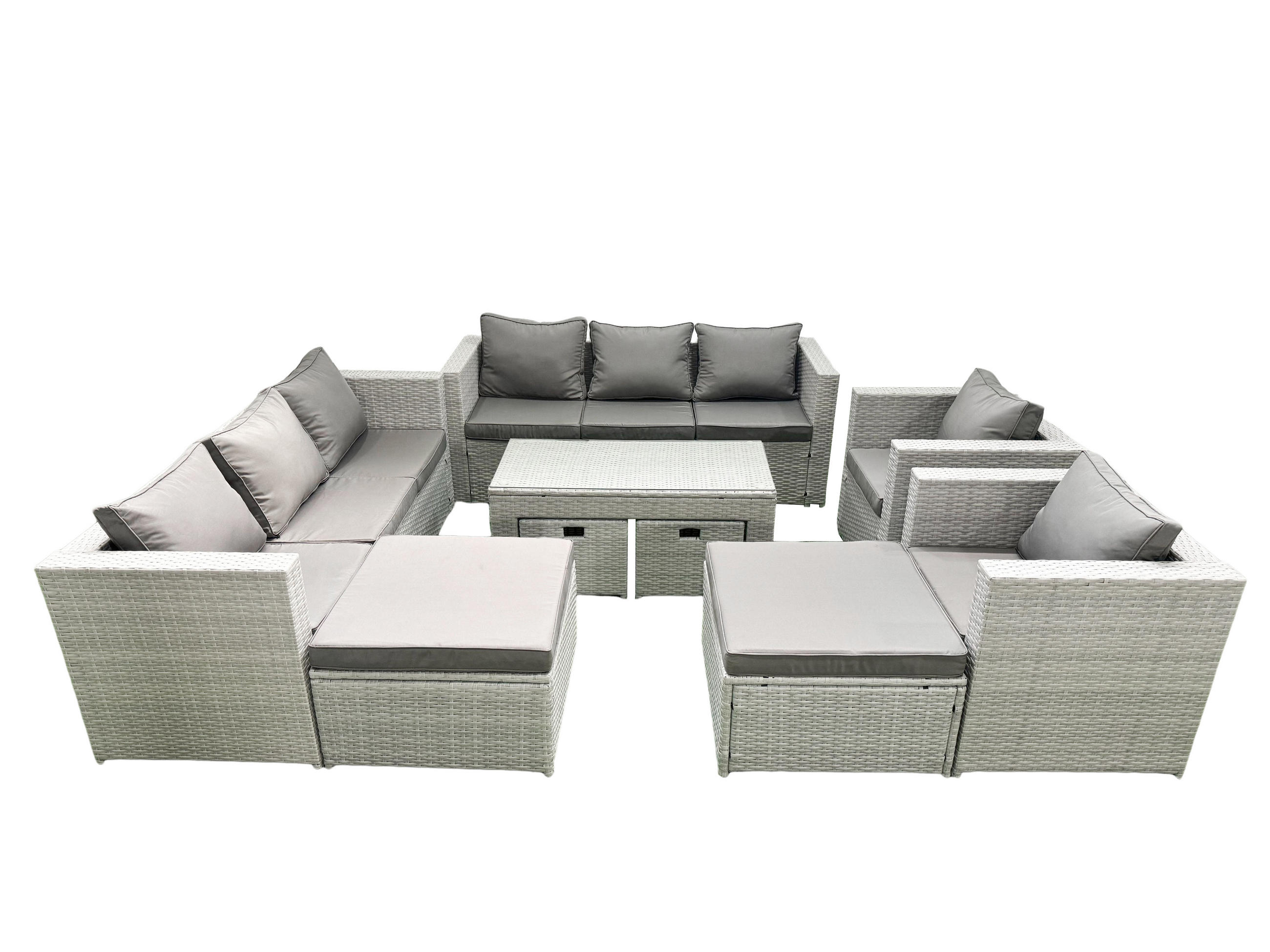 BALKONMÖBEL-SET Polyrattan Hellgrau-Mix 12-teilig - Hellgrau/Grau, Glas/Kunststoff - Fimous