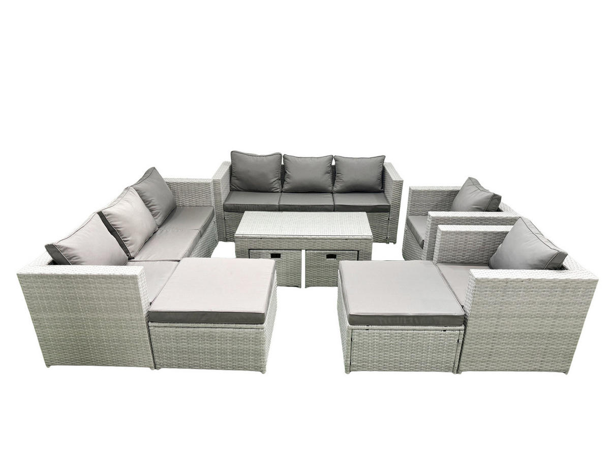 BALKONMÖBEL-SET Polyrattan Hellgrau-Mix 12-teilig - Hellgrau/Grau, Glas/Kunststoff - Fimous