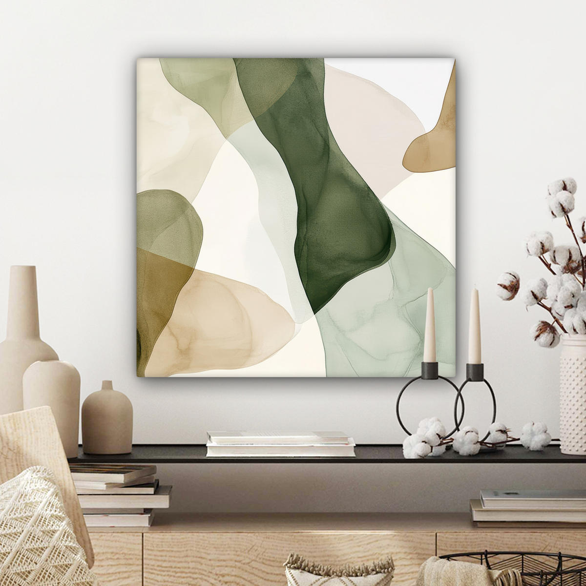 LEINWANDBILD Japandi - Abstrakt - Grün Wandbild Wohnzimmer 50x50 cm - Multicolor, Textil (50/50cm) - MuchoWow