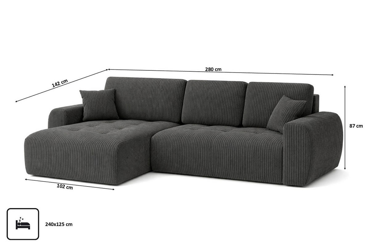 ECKSOFA Mit Schlaffunktion Und Bettkasten L-Form Ivo XL, Cordstoff Poso, Grau, Links - Grau, Holz (280/142cm) - Kaiser Möbel