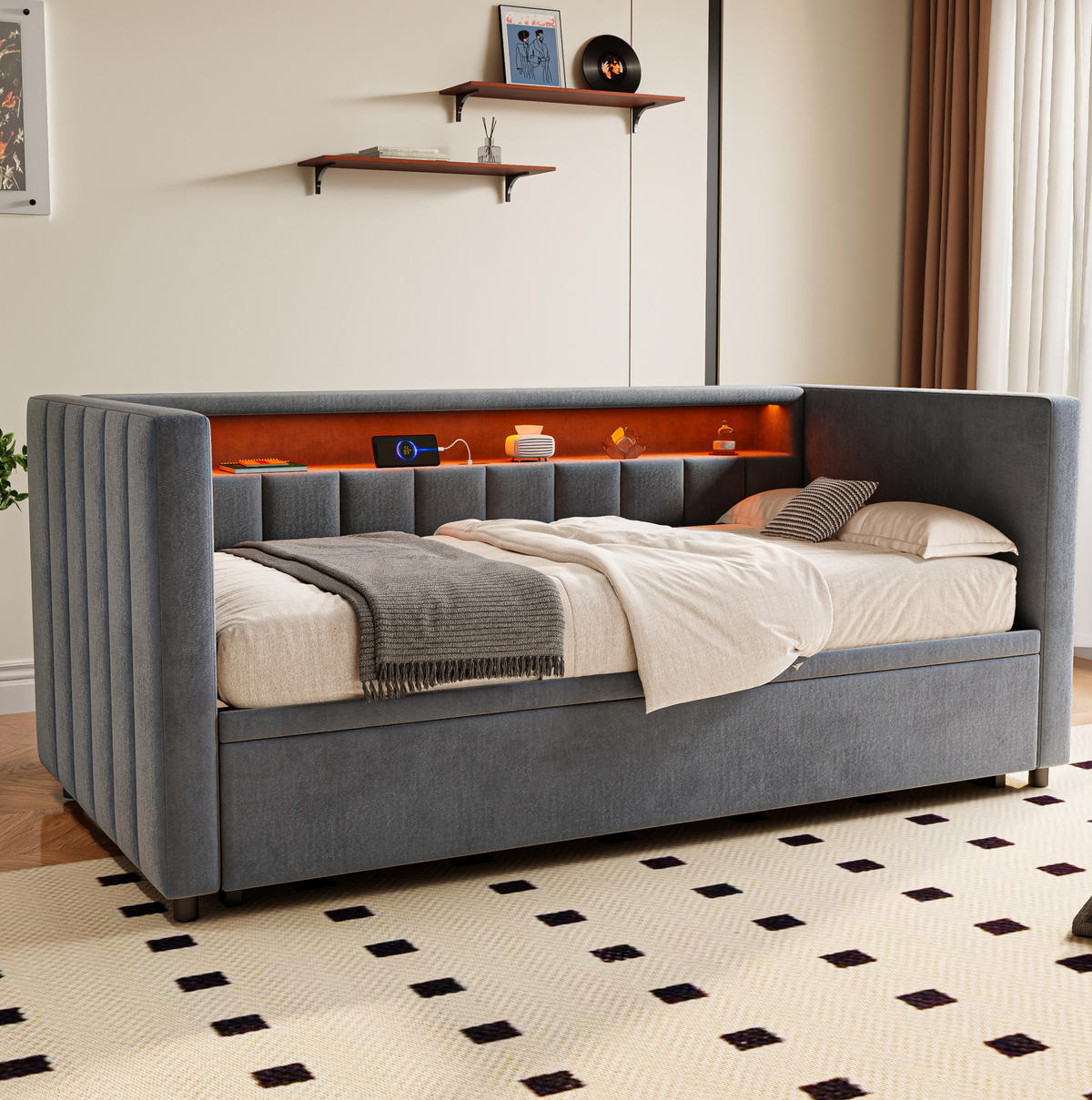 SCHLAFSOFA 90/190 cm mit Ausziehbett, LED-Beleuchtung, USB-Type-C und Samtbezug, Dunkelgrau - Dunkelgrau, Textil (201/73/100cm) - Redom