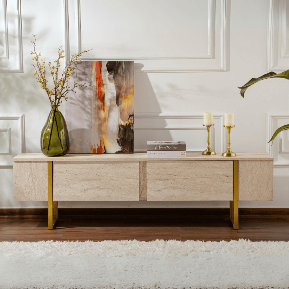 TV-MÖBEL serenity Travertin - Goldfarben, Holzwerkstoff (29.5/50/188cm) - Calicosy