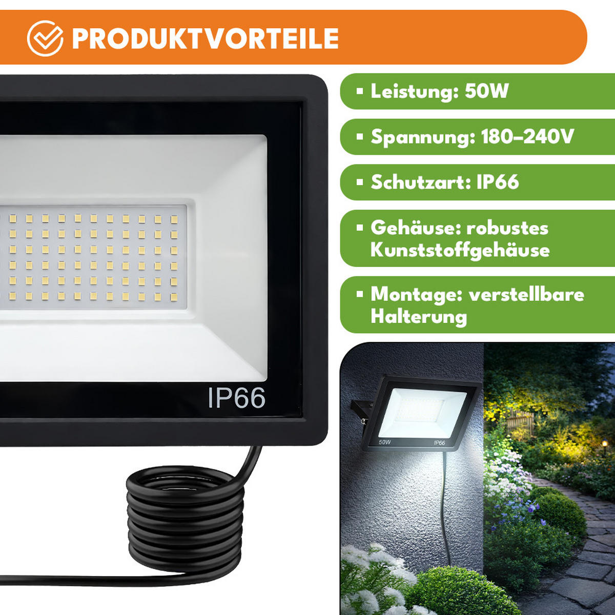 LED STRAHLER 50W, Aussenlampe mit Bewegungsmelder - Schwarz, Kunststoff (20.4/20.4/16cm) - KRUMAD