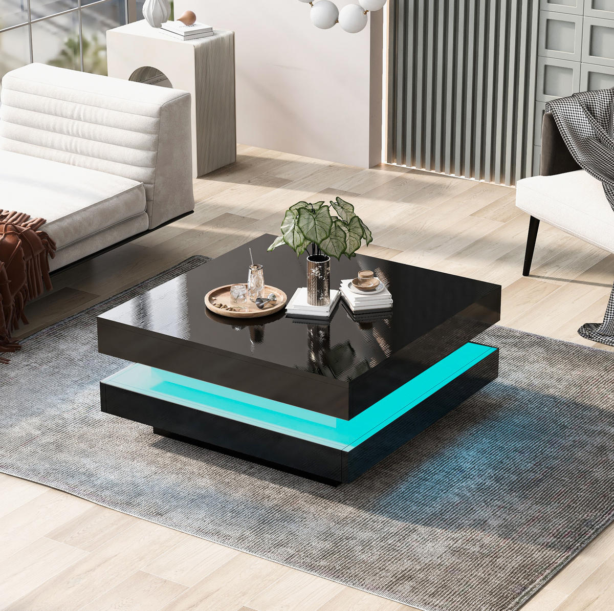 KONFERENČNÍ stolek z dřevotřísky 70x70x36 cm černý s LED osvětlením, Bluetooth ovládáním a vysokým leskem - černá, kompozitní dřevo (70/70/36cm) - Modfu
