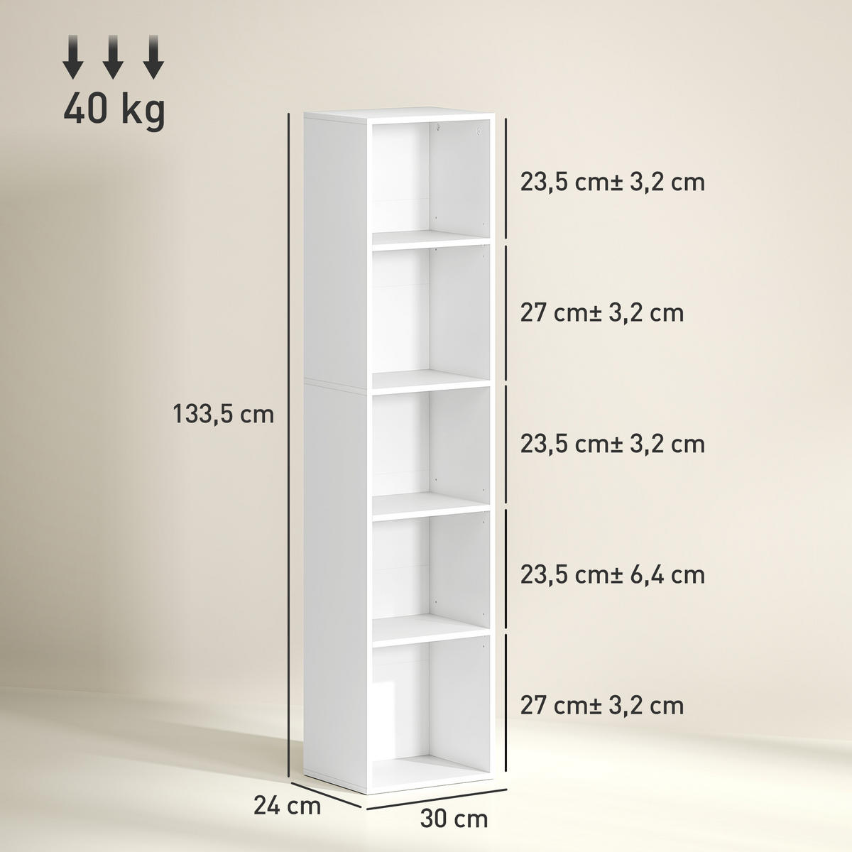 BÜCHERREGAL mit Verstellbare Ablage, Weiß - Weiß, Karton (24/133.5/30cm) - HOMCOM
