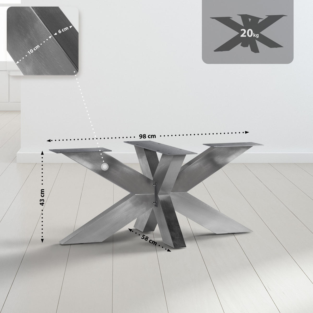 TISCHBEIN eckig 98/58/43 cm Edelstahl Edelstahl - Edelstahlfarben, Metall (98/43/58cm) - CLP