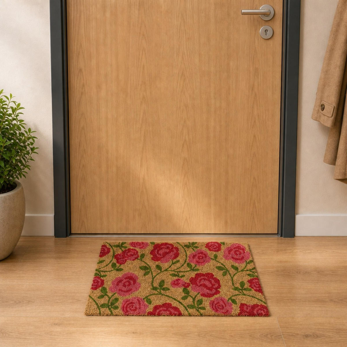 FUSSMATTE Natur Kokos Rosenmotiv rutschfest 60x40 cm - Multicolor, Kunststoff/Textil (60/40cm) - Relaxdays