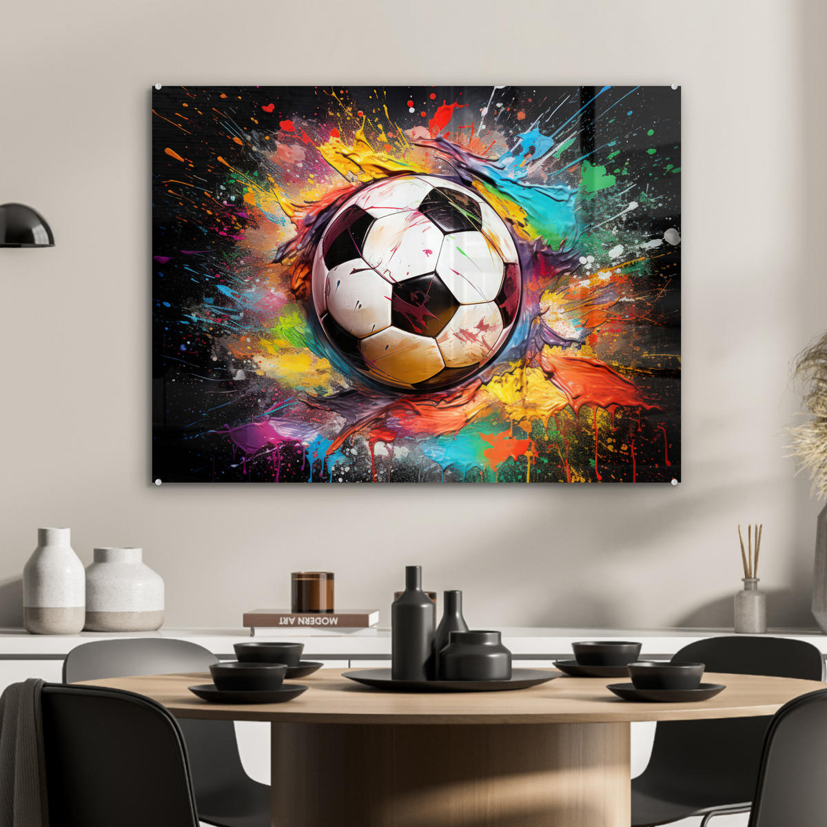 ACRYLGLASBILD Fußball - Farbe - Farben - Schwarz - Weiß 80x60 cm - Weiß, Glas (80/60cm) - MuchoWow