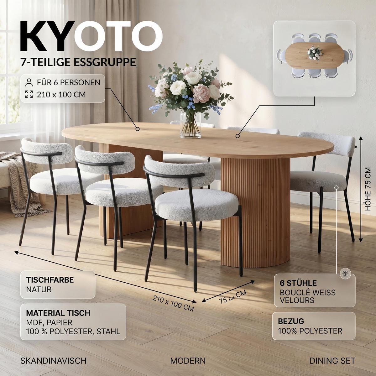 ESSGRUPPE 7-TLG. Kyoto Naturfarben, Weiß - Naturfarben/Weiß, Textil/Metall (210/75/100cm) - ebuy24
