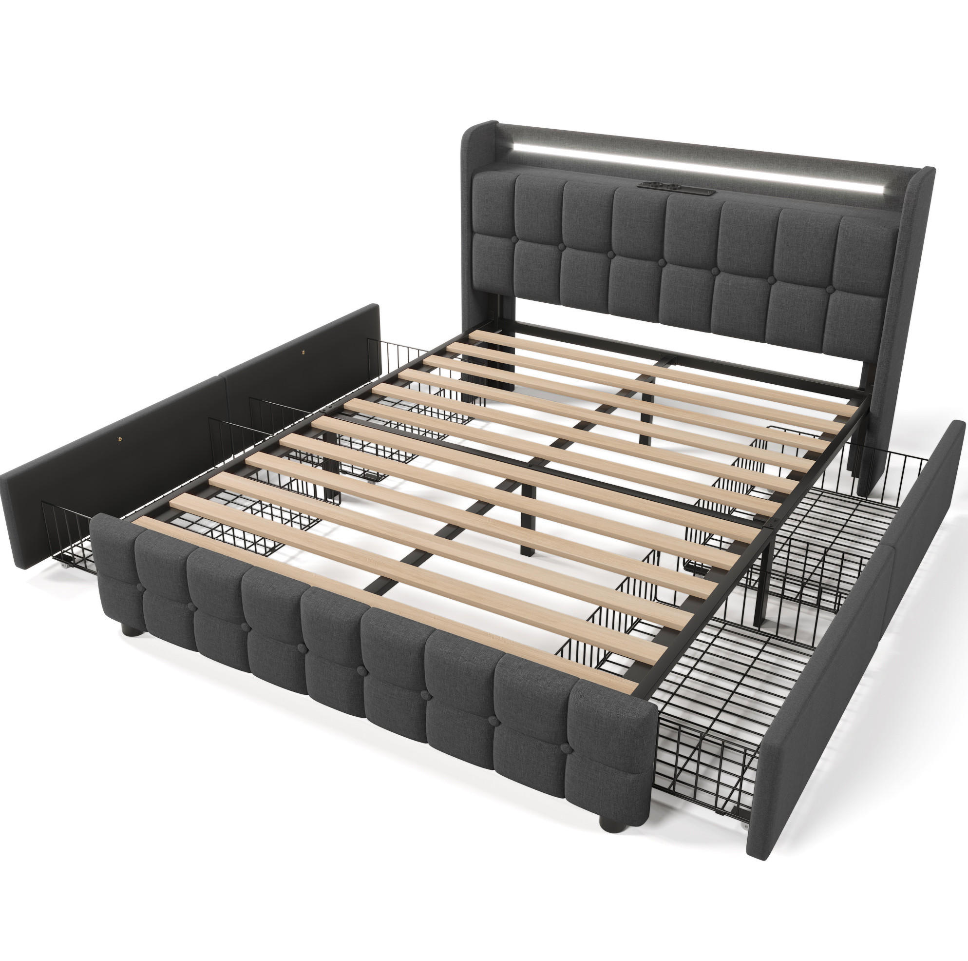 POLSTERBETT 140/200 cm mit LED-Beleuchtung, USB und 4 Schubladen in Grau - Grau, Holz (140/200cm) - BEAOK