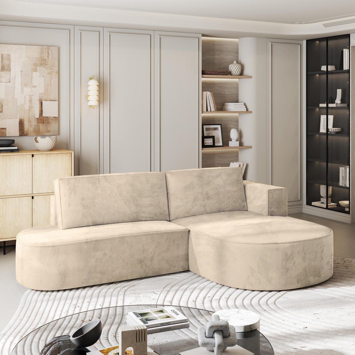 ROHOVÁ SEDAČKA CORTIO krémová - šedá/krémová, dřevo/textil (265/174cm) - MASSENO