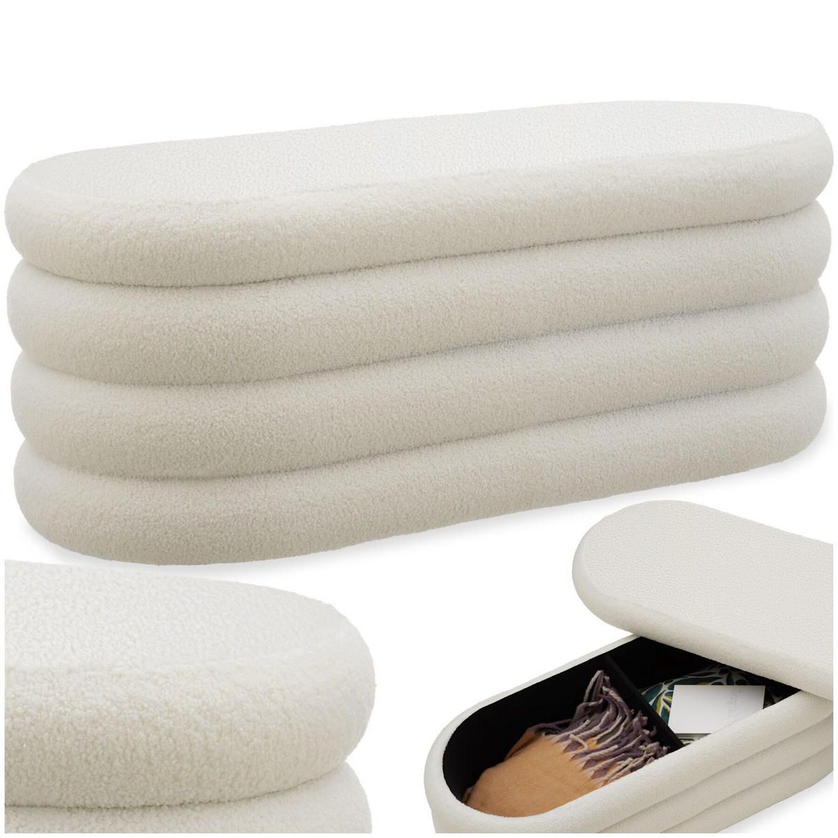 TRUHENBANK Altu,110 x 45 x 42 cm,Bouclé creme-weiß - Creme/Weiß, Holz (110/42/45cm) - tectake