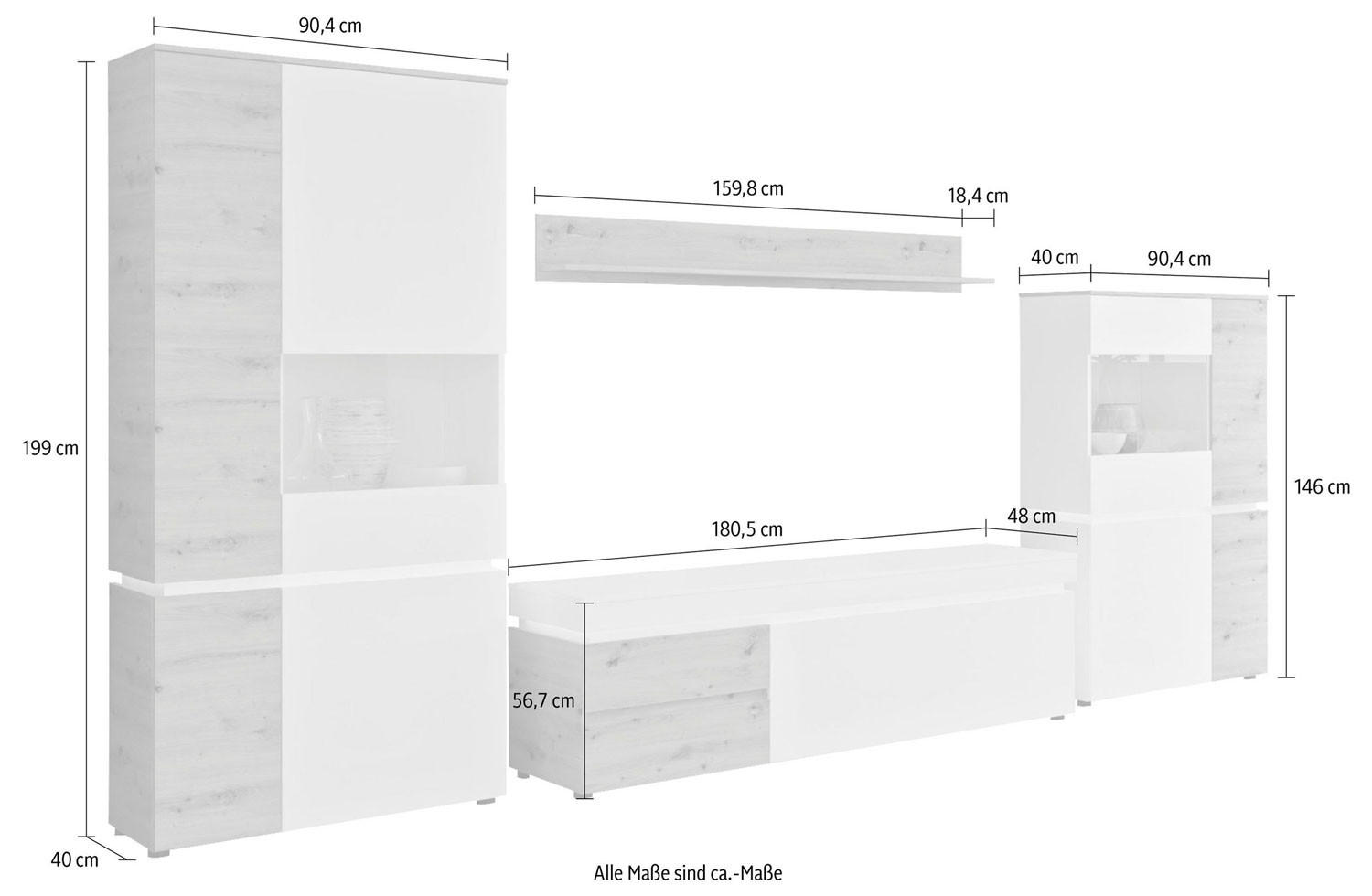 Thumbnail - Feldmann-Wohnen Wohnwand, Weiß, Eiche, Holz, 1 Fächer, 2 Schubladen, Rechteckig, 361x199x48 cm, Wohnzimmer, Wohnwände, W...
